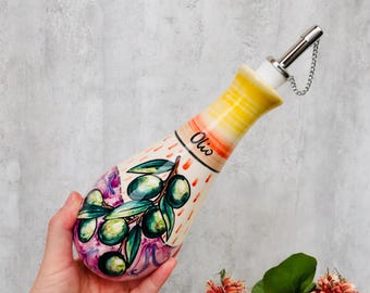 Oil Dispenser with Olive Branches Hand Painted, Olive Oil Bottle Made in Italy, Colorful Pottery Cruet for Cooking