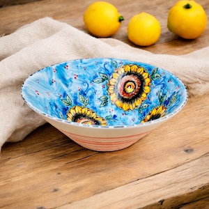 Ceramic Bowl with Sunflower, Mixing bowl for Salad, Table Centerpiece, Made in Italy, Tuscan Style Italy Souvenir, Italian Pottery