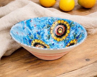 Ceramic Bowl with Sunflower, Mixing bowl for Salad, Table Centerpiece, Made in Italy, Tuscan Style Italy Souvenir, Italian Pottery