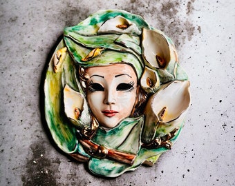 Venetian mask, Masquerade, Wall mask decor, Venetian carnival, Calla lily, Floral design, Made in Italy, Handmade ceramic, Italian ceramics