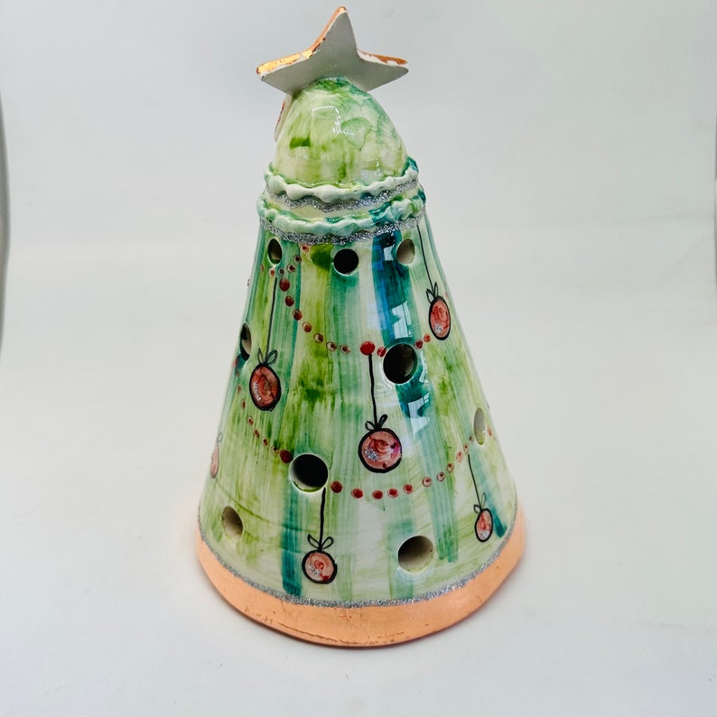 Christmas tree pottery lantern, handmade ceramic christmas tree with santa painted, ceramic holiday tea light holder, italian art pottery image 4