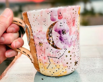 Moon Mug Made in Italy for Witchy Gift, Handmade Ceramic Galaxy Cup with Half Moon for Astronomy Gifts
