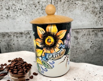 Sunflower Coffee Jar, Italian Pottery, Kitchen Canister Hand Painted, Coffee Holder, Tuscan Style, Made in Italy, Sunflower Art