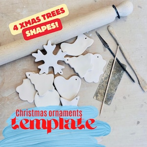 May include: A collection of white Christmas ornament templates in various shapes, including a snowflake, heart, and bird, alongside a rolling pin and crafting tools. Text reads "4 XMAS TREES SHAPES!" and "Christmas ornaments template".