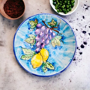 Italian Ceramic Pasta Bowl, Handmade Pottery Soup Bowl, Dinner Set of 4, Grape and Lemon Tuscany Plate, Hand Painted Dishes