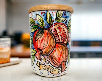 Pote de café com romã, vasilha de cerâmica italiana, cerâmica artesanal, porta-café com frutas vermelhas, recipiente para alimentos pintado à mão
