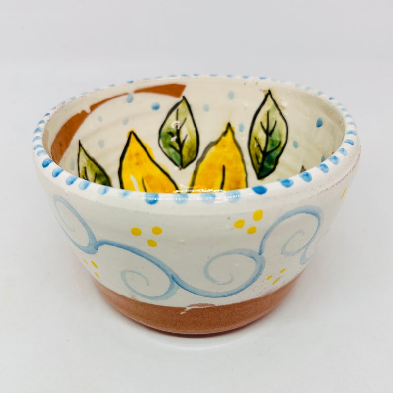 May include: A small white ceramic bowl with a brown rim. The bowl is decorated with yellow and green leaves and blue swirls.