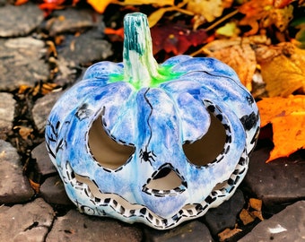 Spooky pottery Pumpkin lantern for halloween, ceramic pumpkin, handmade lantern, glow in the dark, creepy pottery lantern, jack o lantern