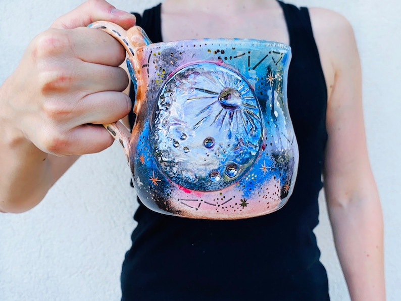 Full Moon Mug, Witch Cauldron, Witches Brew Mug, Made in Italy, Galaxy Themed, Cappuccino Cup, Astronomy Gift, Handmade Pottery