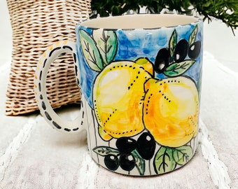 Pottery coffee mug, Unique coffee mugs, Lemon decor, Clay cup, Made in Italy, Decorative cup, Tuscan style, Mediterranean ceramics