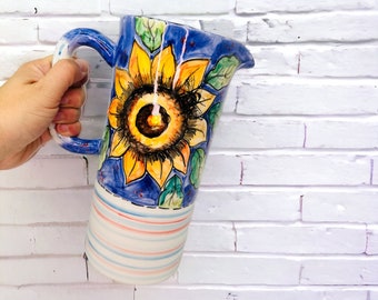 Sunflower water pitcher, italian pottery, ceramic hand painted pitcher, handmade in Italy, blue and yellow jug, pottery floral jug, beverage