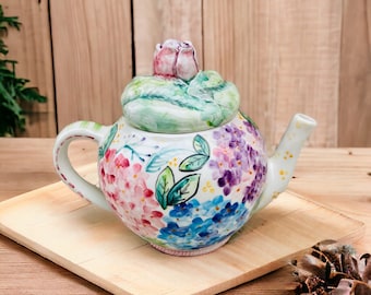 Ceramic flower teapot, hydrangea pottery teapot, fairy teapot, coffee serving pot, tea lover gift, pastel color teapot, girly style teapot