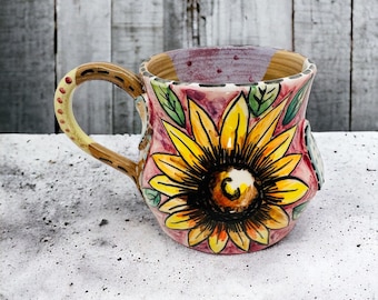 Sunflower italian mug, Tuscan ceramic cup, yellow and purple, ooak pottery mug, floral ceramic mug, flower coffee mug, handmade mug, girly