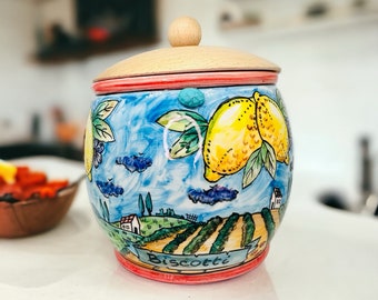 イタリアンレモンクッキージャー - 手描きのイタリア製陶器製蓋付き