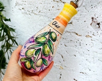 Dispensador de aceite con ramas de olivo pintado a mano, botella de aceite de oliva hecha en Italia, vinagrera de cerámica colorida para cocinar