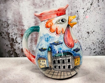Handgemachte Hahn-Dekor-Keramik, rustikale Keramikkrug, einzigartiges italienisches Geschenk, Bauernhausstil, hergestellt in Italien