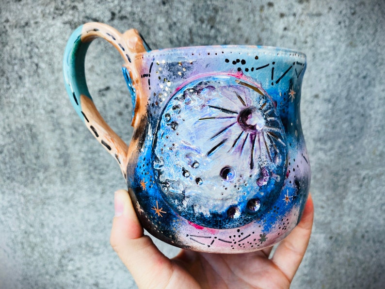 Full Moon Mug, Witch Cauldron, Witches Brew Mug, Made in Italy, Galaxy Themed, Cappuccino Cup, Astronomy Gift, Handmade Pottery