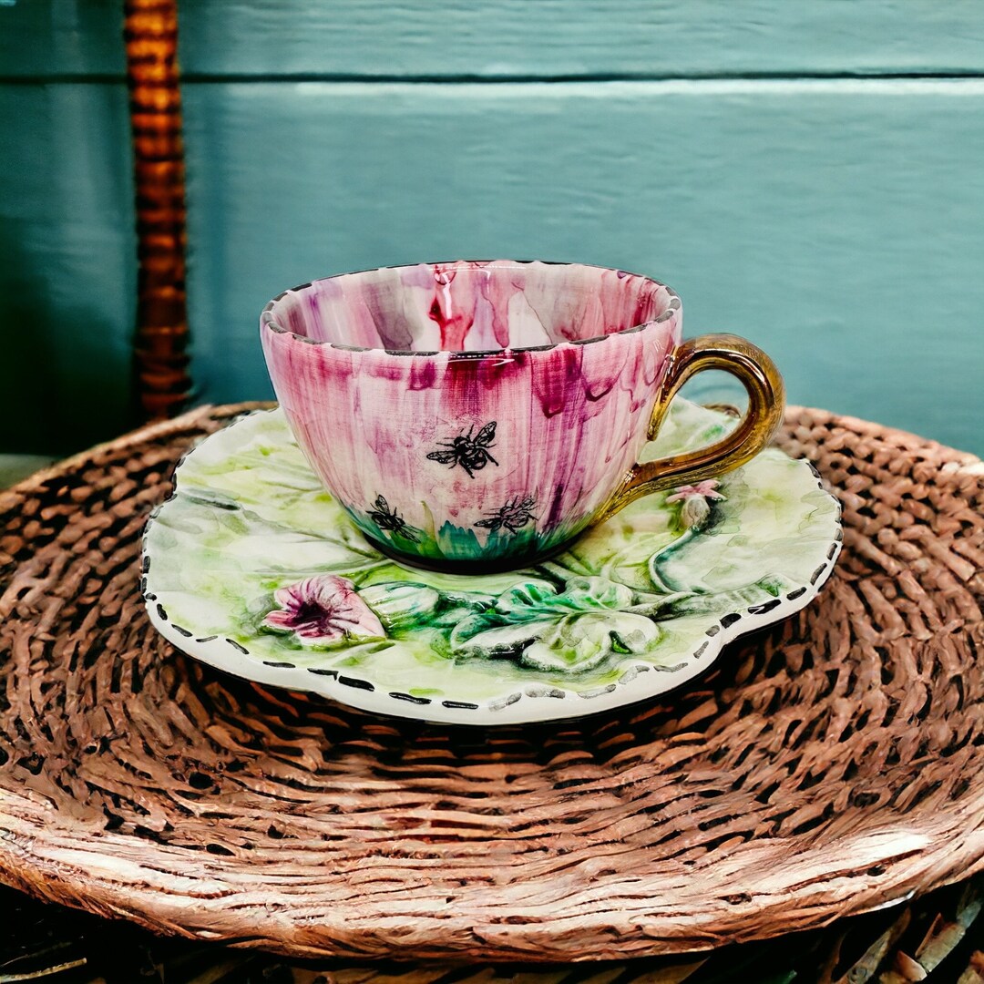 Fairy Tea Set, Ceramic Cup and Saucer, Pink and Green Tea Cup, Flower