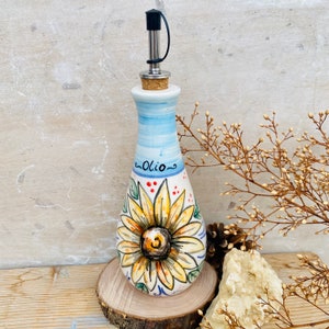 Oil Dispenser with Sunflower Hand Painted, Olive Oil Bottle Made in Italy, Colorful Pottery Cruet for Cooking