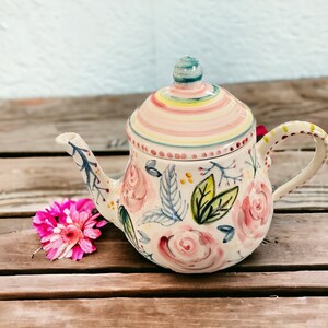Roses ceramic teapot, handmade pottery teapot, pink unique teapot, tea lover gift, flowers pattern teapot, italian pottery, romantic style