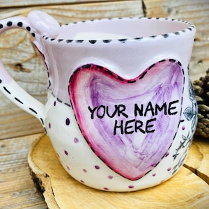 Taza de café con nombre, taza de cerámica hecha a mano, taza de café con monograma, taza de café con nombre, taza con nombre personalizado, cerámica rosa, taza de café personalizada