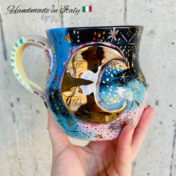 Moon Mug Made in Italy for Witchy Gift, Handmade Ceramic Cauldron Mug with Half Moon for Astronomy Gifts