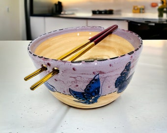 Ramen bowl, Pho bowl, Noodle cup, Butterfly theme, Chopstick bowl, Asian cooking, Ceramic bowl, Japanese cuisine, Made in Italy, Wabi sabi