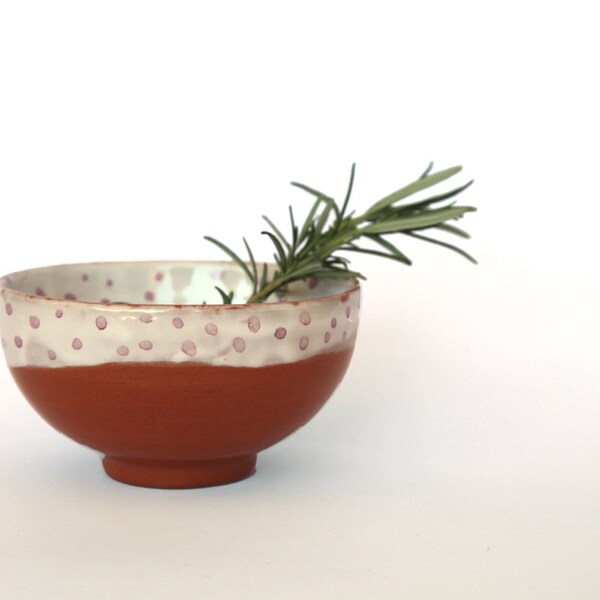 polka dot bowl, ceramic terracotta, white and pink, for kitchen