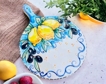 Ceramic Italian Trivet, Hand Painted with Lemons and Olives, Tuscan Cheese Tray, Handmade Pottery Serving Board for Dinner
