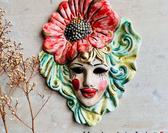 Venetian Mask with Poppy Flower Made in Italy, Decorative mask of Venice carnival for Wall Hanging in  Handmade Ceramic