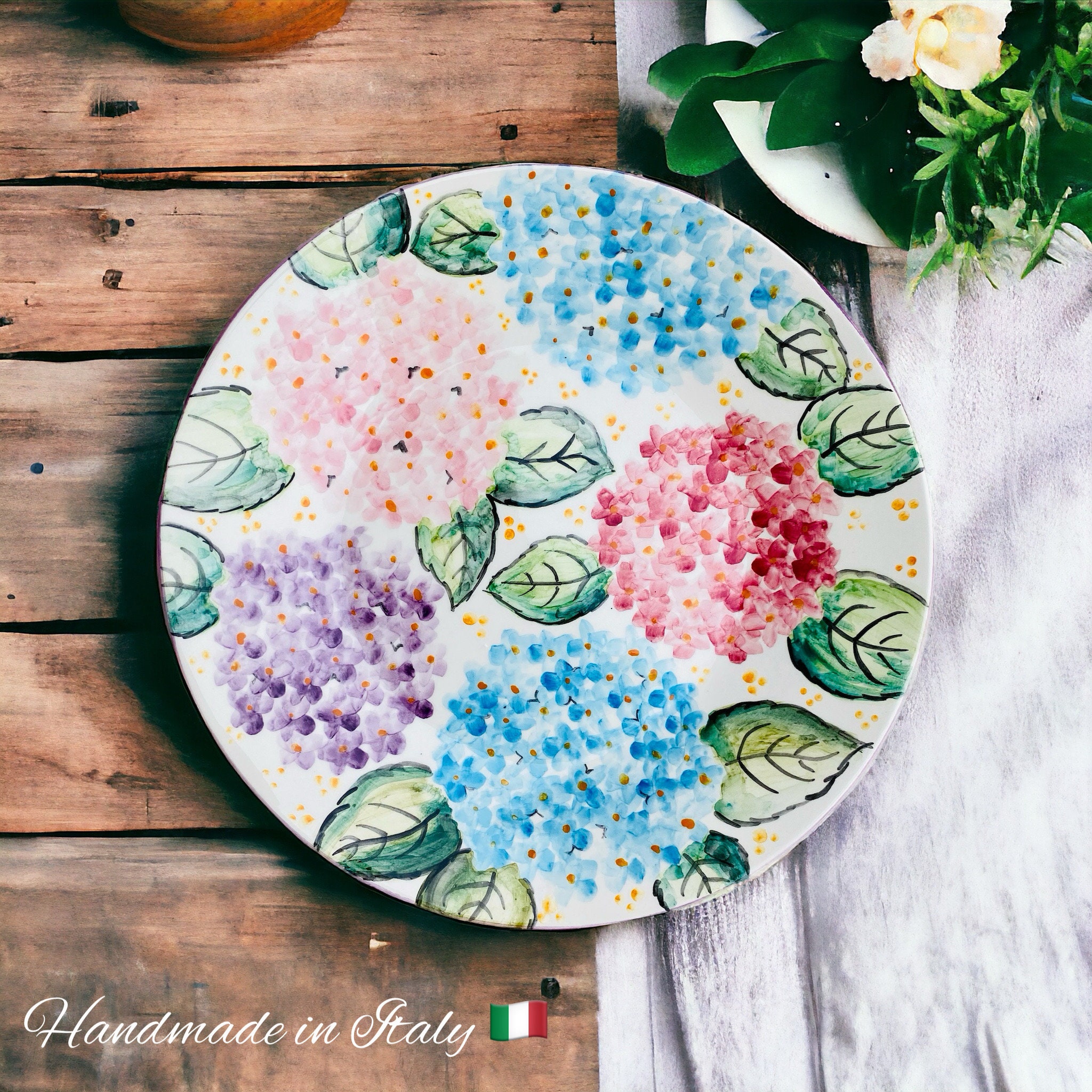 Hydrangea Flower Dinner Set, Made in Italy, Kitchen Dish Set, Foodie Gift, Flower Plate, Tuscan Style, Handmade Pottery