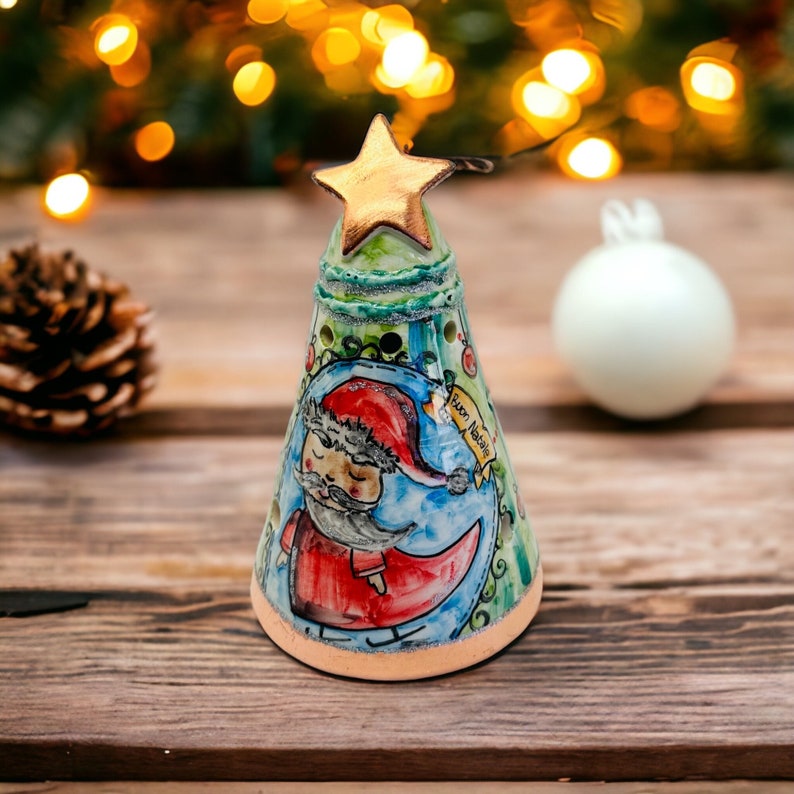 Christmas tree pottery lantern, handmade ceramic christmas tree with santa painted, ceramic holiday tea light holder, italian art pottery image 1