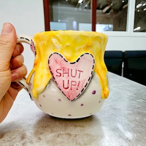 Mean Mug Engraved Shut Up, Cuss Words, Heart Cup, Made in Italy, Funny Coworker Gift, Drip Painting, Artistic Ceramic