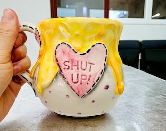 Mean Mug Engraved Shut Up, Cuss Words, Heart Cup, Made in Italy, Funny Coworker Gift, Drip Painting, Artistic Ceramic