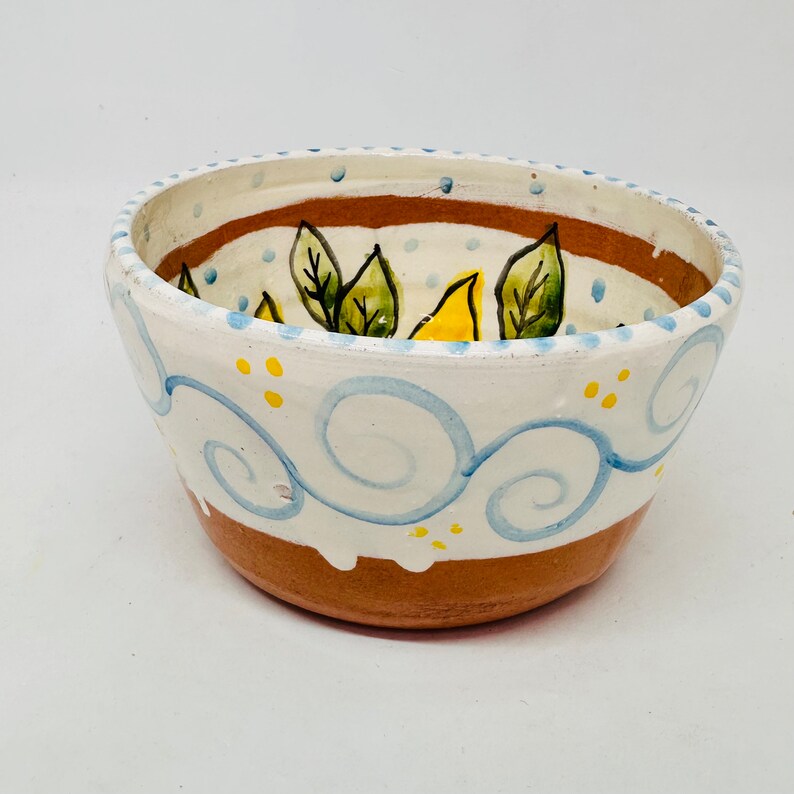 May include: A small, hand-painted ceramic bowl with a white glaze and brown rim. The bowl features a blue and white swirl design with yellow accents and green leaves.