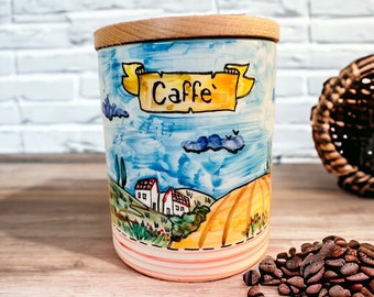 Coffee Canister with Italian Countryside Made in Italy, Coffee Jar Hand Painted, Kitchen Canisters for Spice Holder Blue Pottery