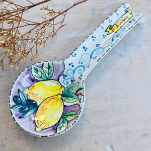 Italian Ceramic Spoon Holder, Amalfi Lemons and Olives, Tuscany Italy, Ceramic Spoon Rest Hand Painted, Made in Italy