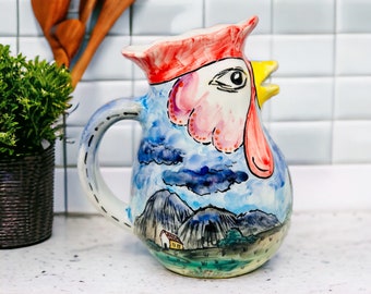 Tuscan pottery pitcher, ceramic water pitcher, italian ceramic decanter,rooster pottery jug, chicken beverage jug, traditional florence jug