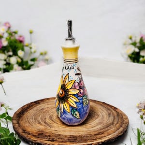 Oil Dispenser with Fruits and Flower Hand Painted, Olive Oil Bottle Made in Italy, Blue and Yellow Italian Pottery Cruet for Cooking