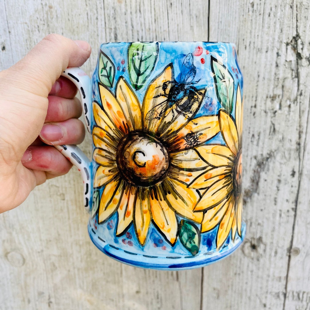 Ceramic Beer Stein, Italian Art Pottery, Handmade Beer Mug, Sunflowers