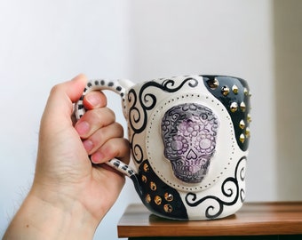 Sugar Skull Mug, Day of The Dead, Gothic Style, Made in Italy, Large Coffee Mug, Halloween Cup, Calavera Skull, Witchy Gift