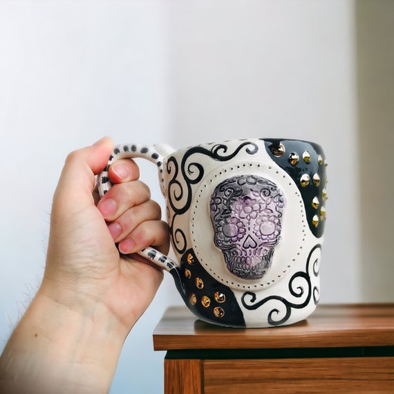 Sugar Skull Mug, Day of The Dead, Gothic Style, Made in Italy, Large Coffee Mug, Halloween Cup, Calavera Skull, Witchy Gift