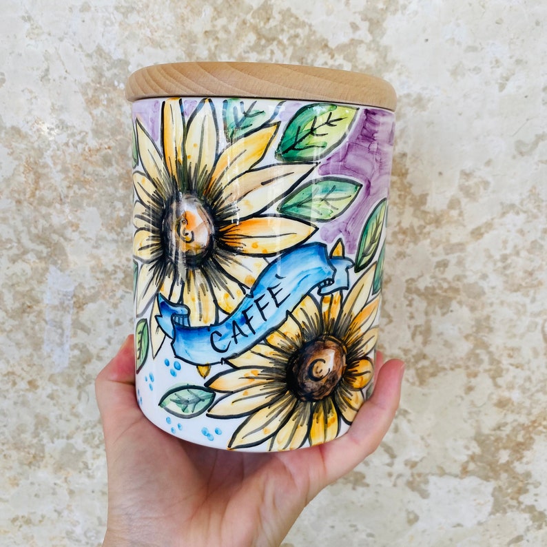 Coffee Canister, Sunflower Jar, Italian Pottery, Coffee Storage, Coffee Holder, Ceramic Jar, Food Container, Mom Kitchen Gift