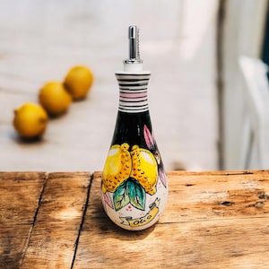 Handmade Italian Olive Oil Dispenser with Amalfi Lemons, Ceramic Kitchen Utensil, Unique Foodie Gift Idea
