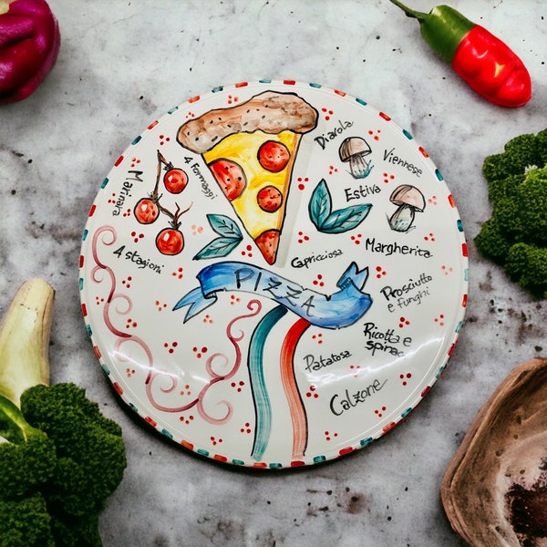 Italiaanse pizza, pizzaplaat, pizzasnijplank, handgemaakte plaat, gemaakt in Italië, kookcadeau, handgemaakt keramiek, Italiaanse schotel, chef-kokgereedschap