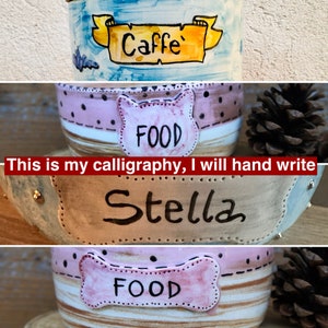 Puede incluir: Tres cuencos de cer&aacute;mica con caligraf&iacute;a pintada a mano. El cuenco superior es azul con nubes blancas y la palabra "Caffe" en una pancarta amarilla. El cuenco del medio es rosa con rayas blancas y lunares negros. La palabra "FOOD" est&aacute; escrita en negro sobre una etiqueta blanca. El cuenco inferior es rosa con rayas blancas y lunares negros. La palabra "FOOD" est&aacute; escrita en negro sobre una etiqueta blanca en forma de hueso. El cuenco del medio tambi&eacute;n tiene el nombre "Stella" escrito en caligraf&iacute;a negra.
