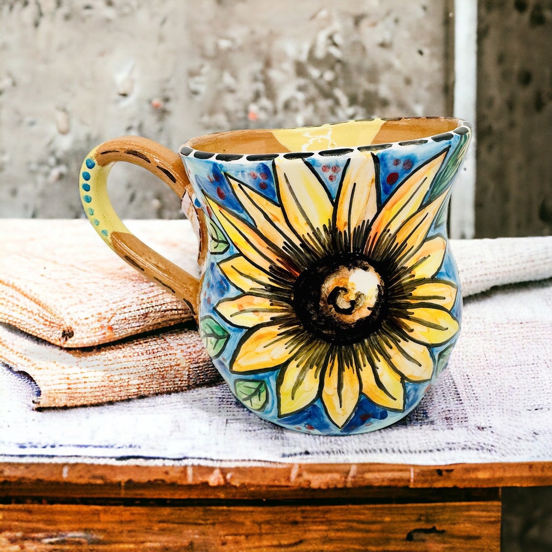 ひまわりマグカップ、手作り陶器カップ、花柄イタリアンセラミックス