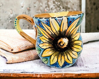 Sunflower mug, Sunflower cup, Handmade mugs, Flower coffee cup, Italian ceramics, Made in Italy, Gift for coffee lovers, Tuscan style