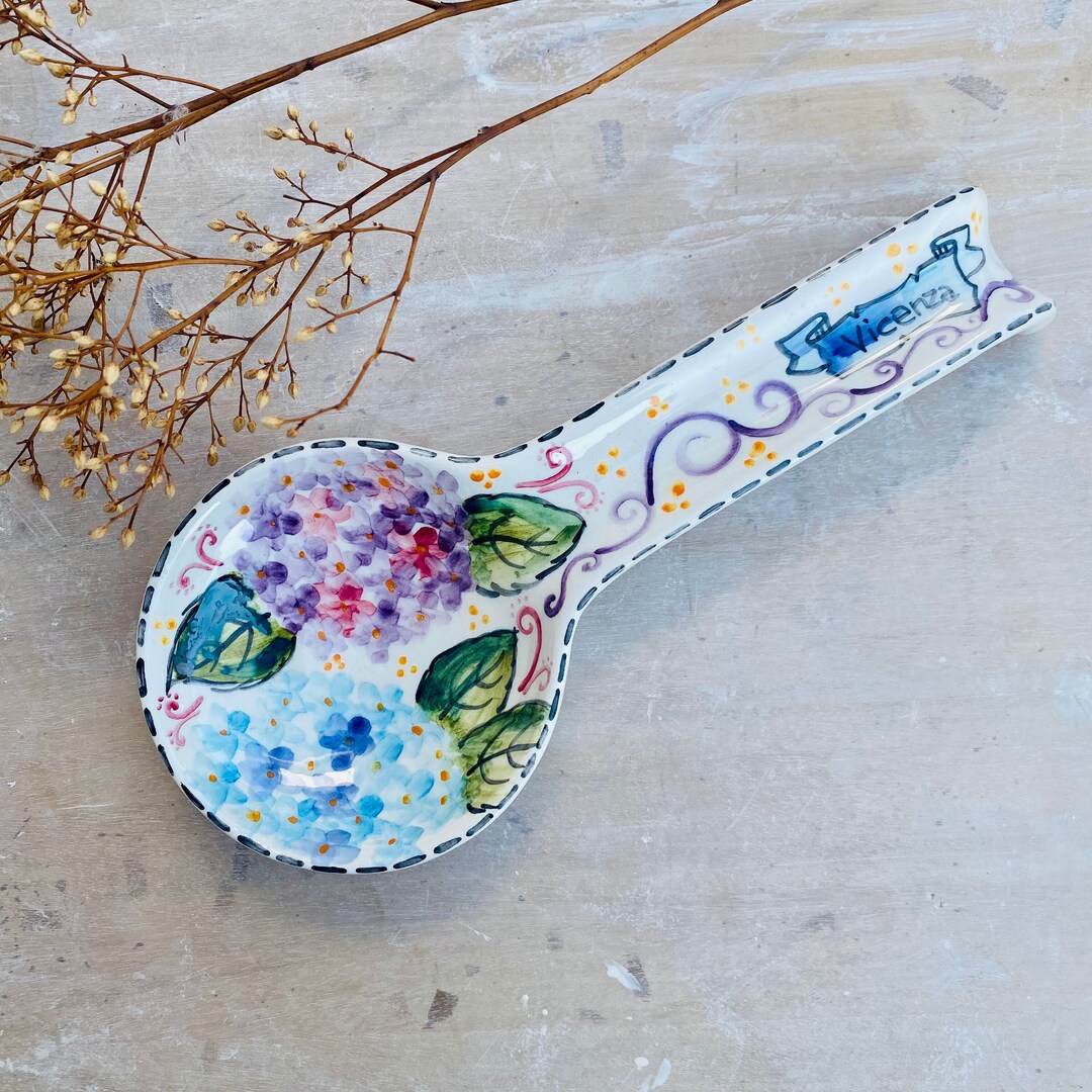 Hydrangea Spoon Rest, Italian Pottery Art, Flowers Spoon Holder