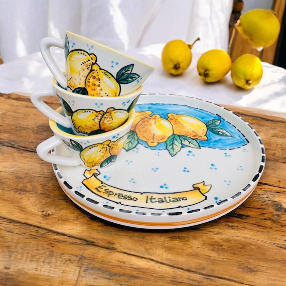 Espresso Cup, Italian Ceramic, Amalfi Lemon, Coffee Set with Serving Plate, Caffeine Addict Gift, Made in Italy, Newly Married Gift